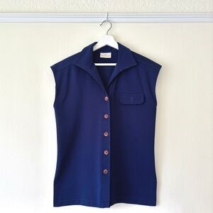 1970s Jantzen dark navy blue sleeveless button front collared knit top